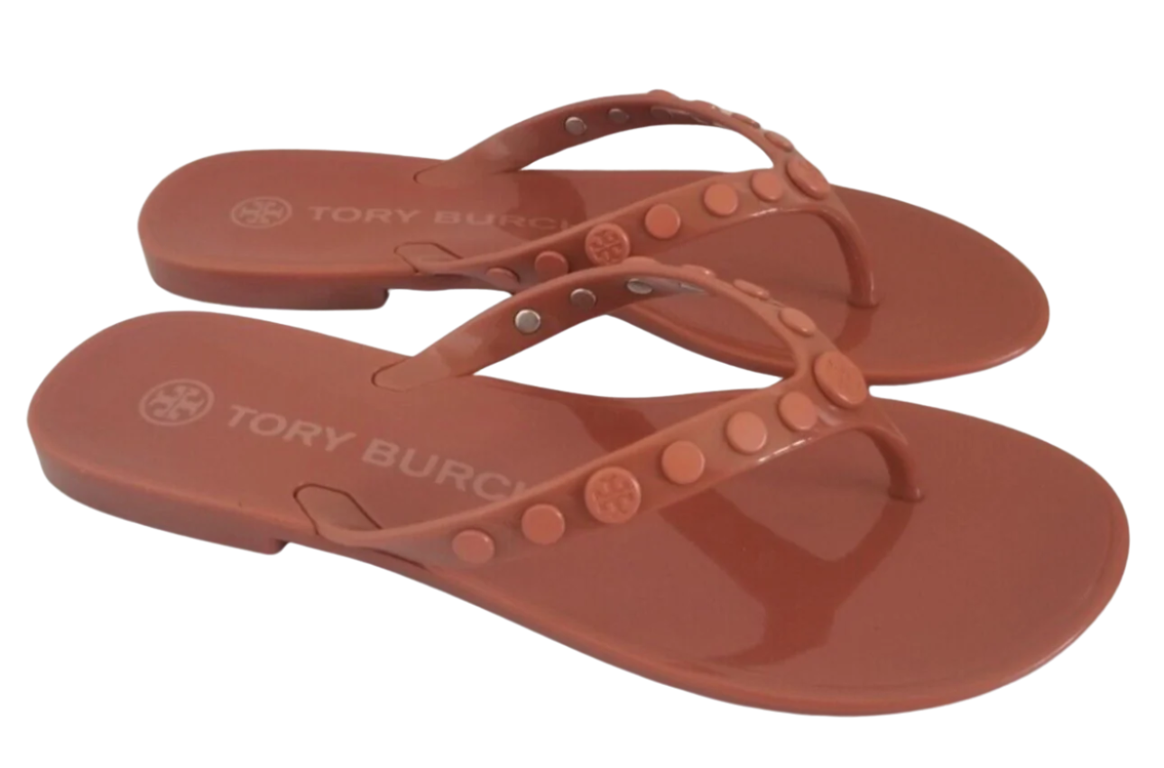 ★関税込★Tory Burch★studded jelly flip flops★ TORY BURCH 9 STUDDED JELLY THONG SANDALS LOGO PERFECT BLACK